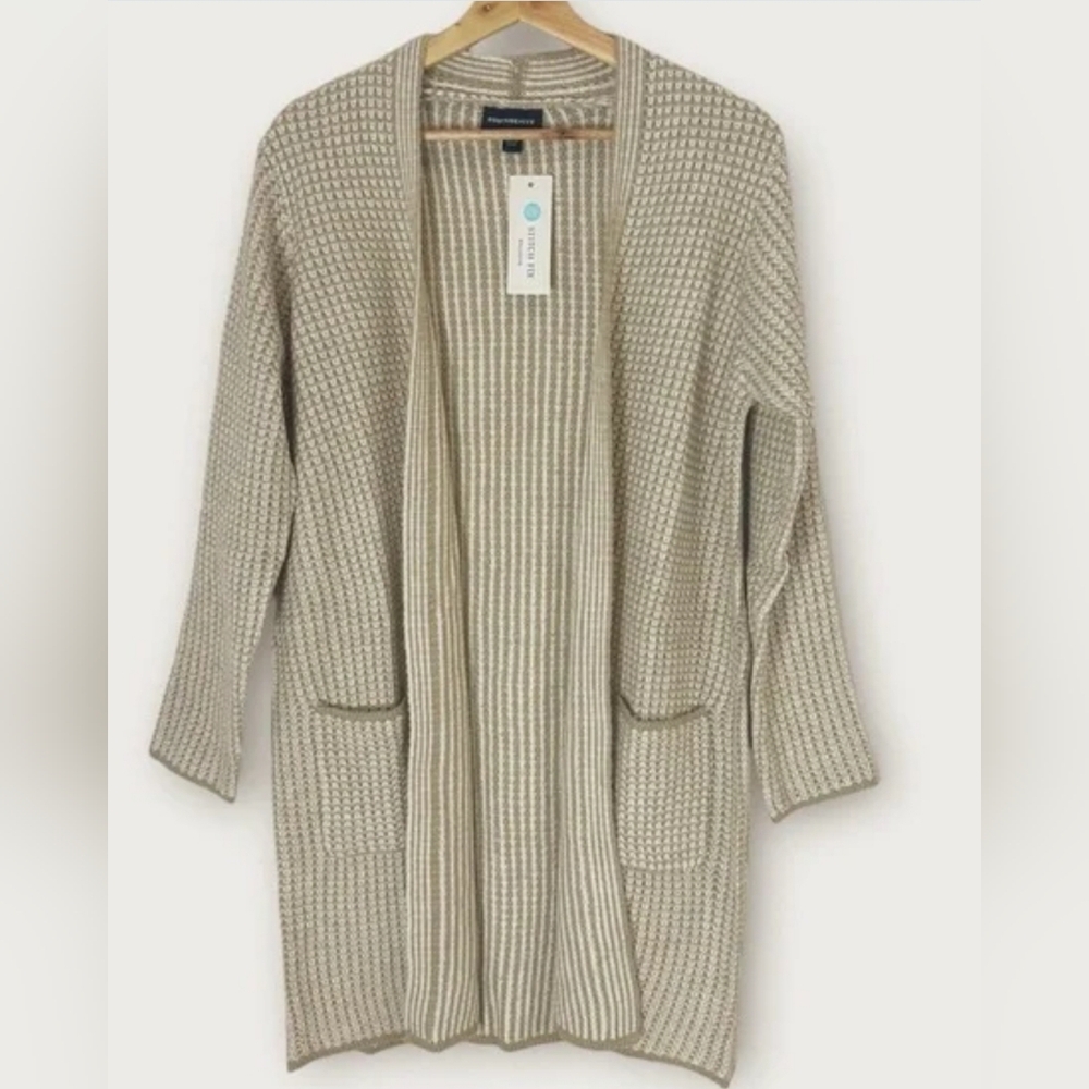 2/$30 Fortune + Ivy Open Front Chuncky Cardigan Sweater Beige Longline Pockets